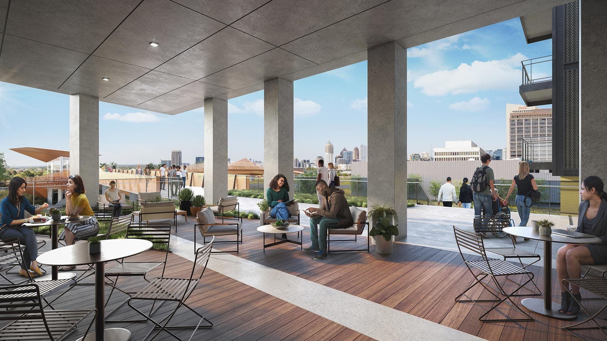 People sit under covered area of open air terrace with city views