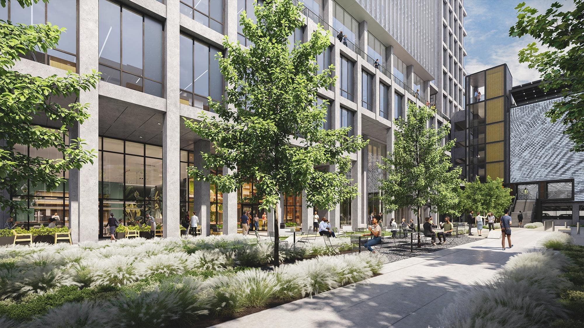 Well-landscaped entrance courtyard area of Science Square Labs