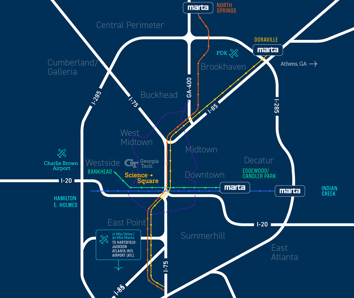 Map graphic of Atlanta depicting Science Square Labs' location 