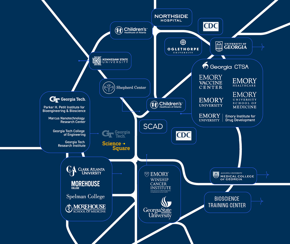 Map graphic showing higher education in the Atlanta metro area