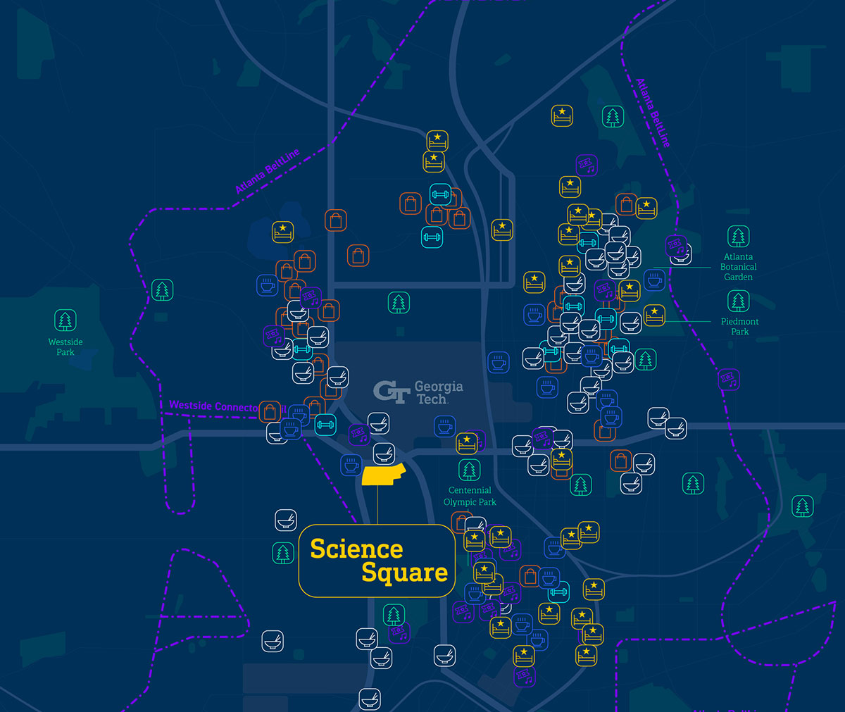 Map graphic of amenities near Science Square Labs