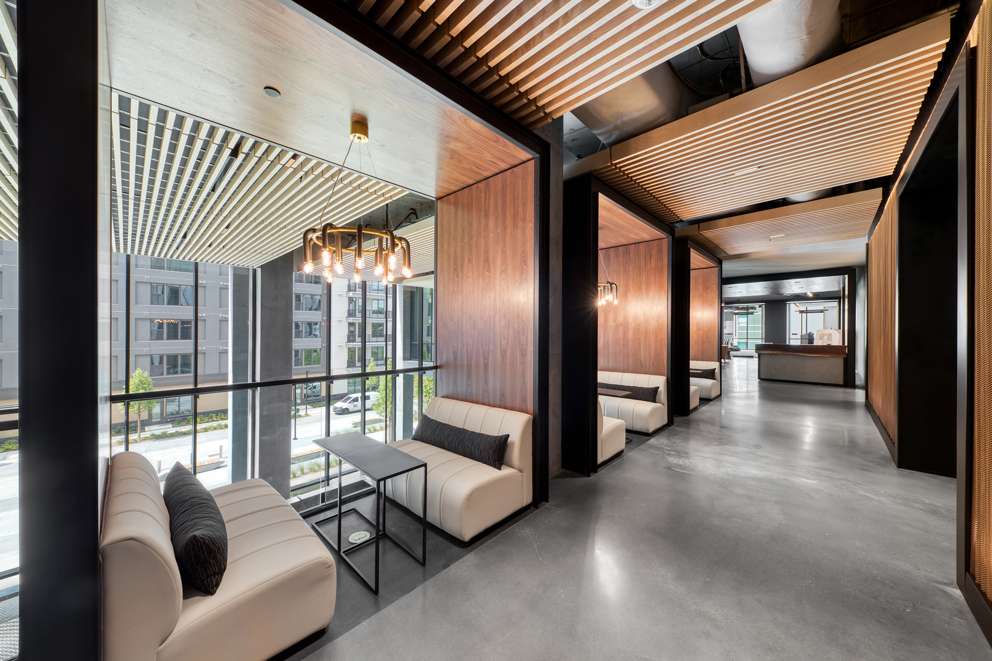 Booth seating on second floor overlooking lobby