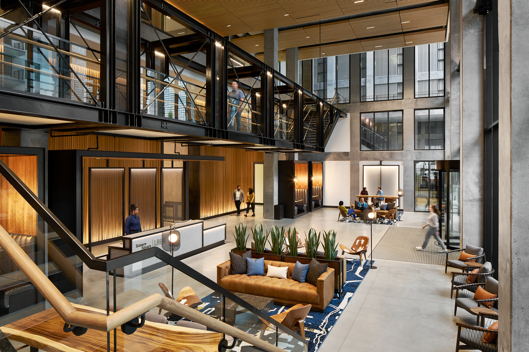 Double-height lobby with staircase at Science Square Labs